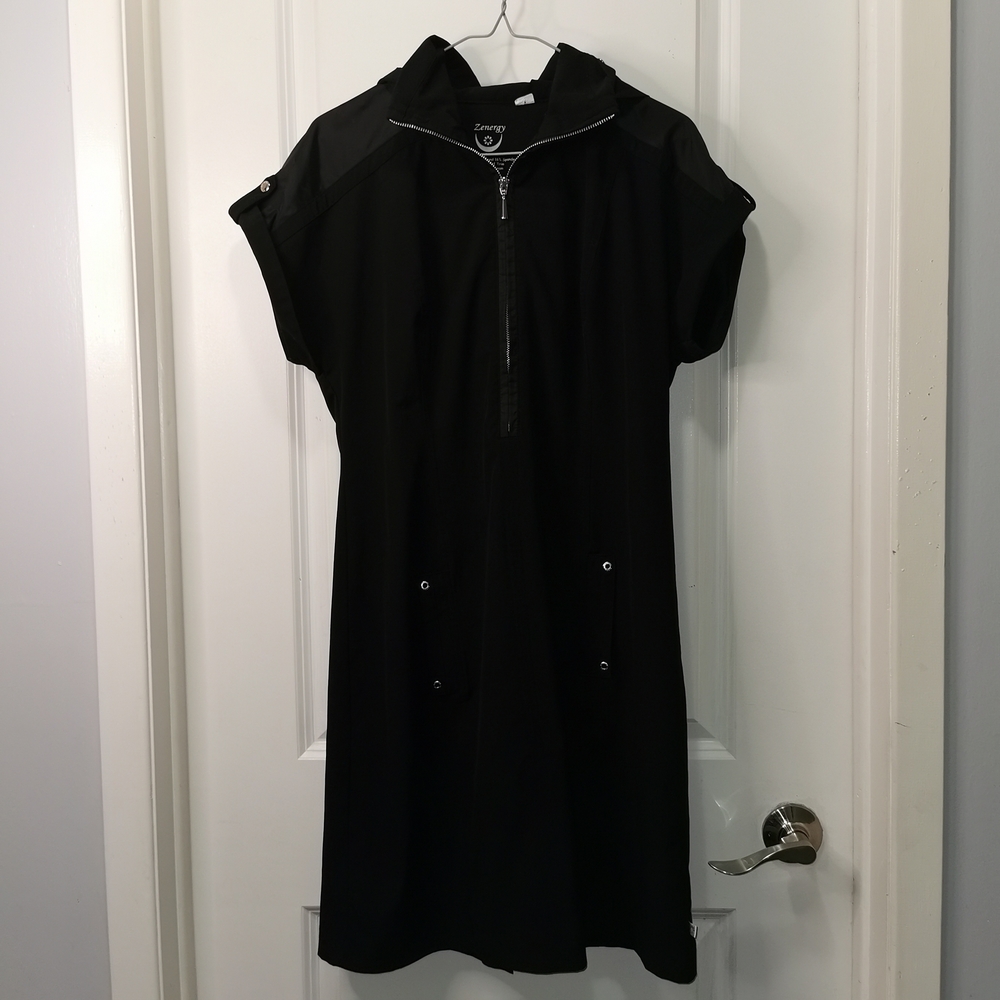 Zenergy by Chico's Black Hooded Zip-Front‎ Midi Dress